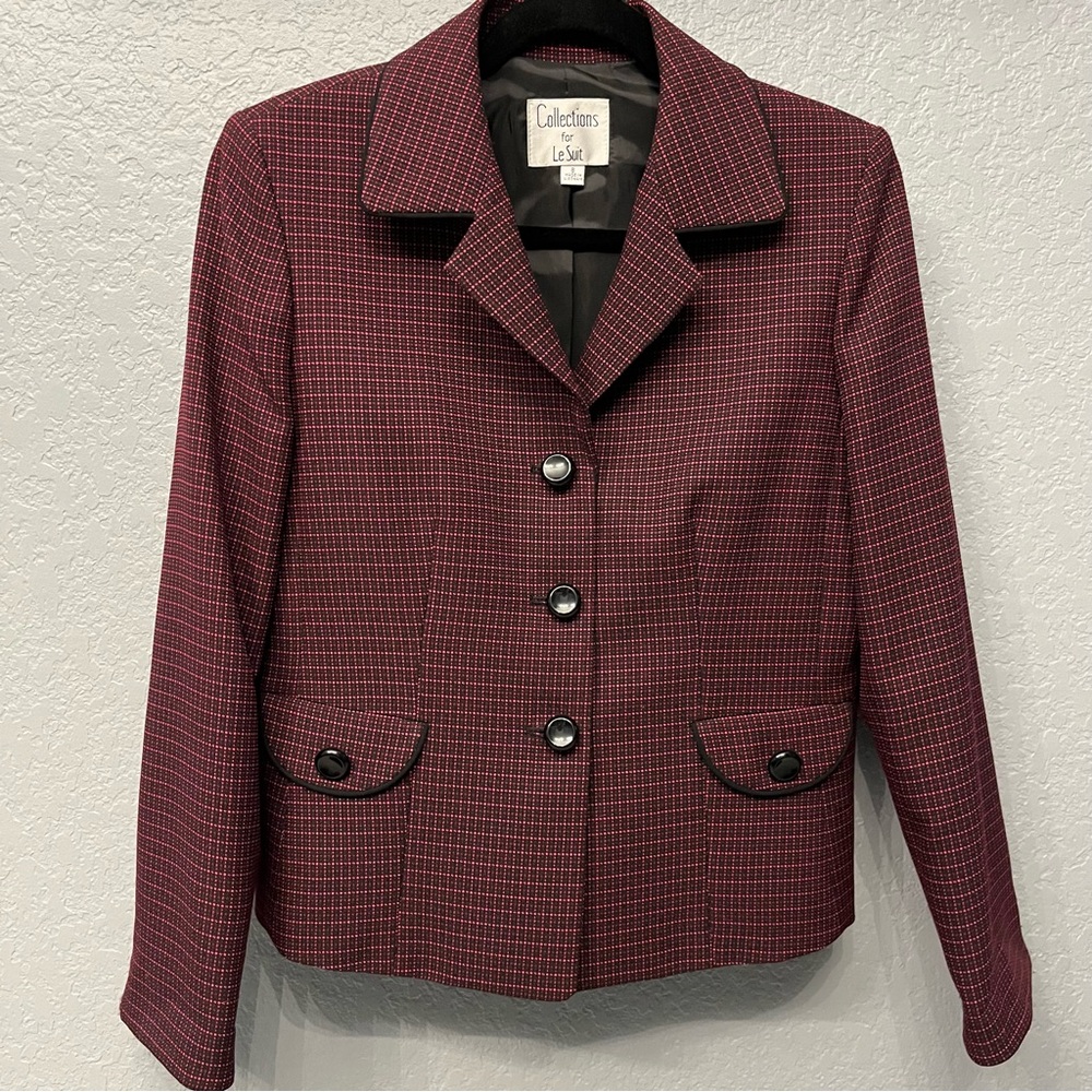 Red black Fushia Plaid blazer career office business casual women’s size 8
